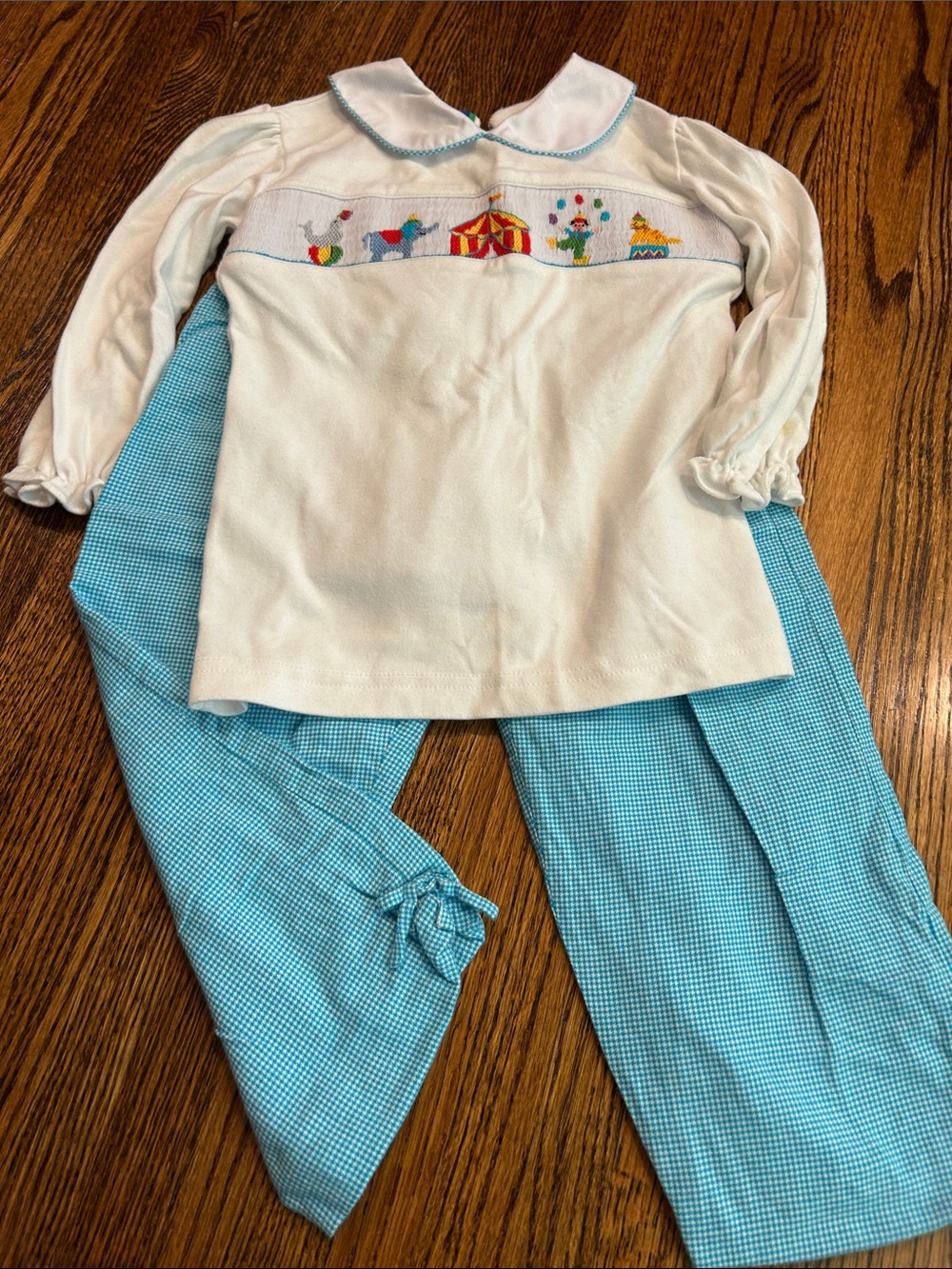 Children's Circus Smocked Set - Aqua Blue & White